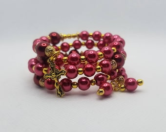 Five decade rosary bracelet, memory wire bracelet, wrap bracelet, red glass pearls, beaded bracelet, Catholic rosary bracelet, gold crucifix