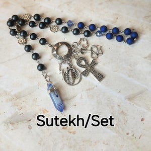 Sutekh or Set  prayer beads, Egyptian God prayer beads, hand-wired, beautiful beads, silver-toned charms, Egyptian, Kemetic