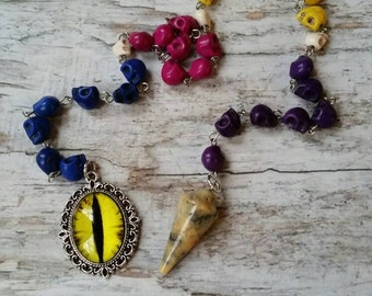 Day of the Dead prayer beads, Dia de Los Muertos prayer beads, pagan prayer beads, stainless steel, skull beads, dragon eye, Agate pendulum