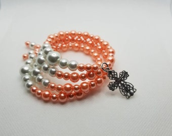 Orthodox prayer bracelet, Orthodox Chotki, 100 bead Orthodox Christian prayer bracelet, memory wire, multi-loop, peach and ivory, religious