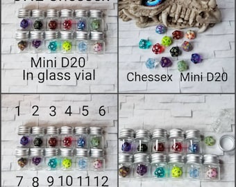 One Chessex mini d20 in glass bottle, extra 10mm d20 dnd dice, mini d20, mini polyhedral dice, D and D dice, 10mm d20s, 10mm d20 in vial