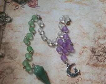 Samhain prayer beads, pagan prayer beads, Samhain witches prayer beads, stainless steel, sea glass, Green Aventurine, cat on a crescent moon