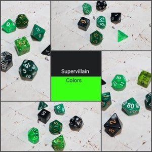 Supervillain colors, villain 16mm dnd dice sets, dice set, themed hand picked dnd dice, polyhedral dice, RPG dice, DnD die, black and green