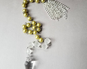 Baha'i prayer beads, 19 and 5 prayer beads, hand-wired, stainless steel, olive glass pearls, clear quartz point, chain tassel, frosted glass