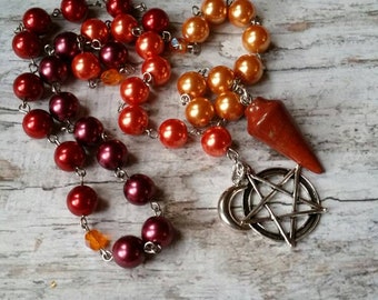 Beltane prayer beads, pagan prayer beads, witches prayer beads, stainless steel, glass pearls, Red Jasper pendulum, pentagram charm, moon