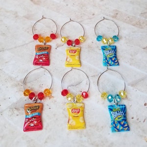 Wine charms x 6, glass markers, wine charms, cup charms, wine glass charms, beverage markers, chips wine charms, crisps wine charms,