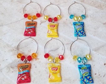 Wine charms x 6, glass markers, wine charms, cup charms, wine glass charms, beverage markers, chips wine charms, crisps wine charms,