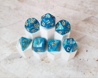 Pearl teal blue 16mm dnd dice with gold numbers, polyhedral gaming dice, DnD dice set, RPG dice, gaming dice, set of 7 DnD dice