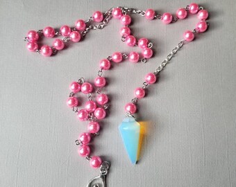 Witches ladder, fertility beads, pagan prayer beads, Wiccan rosary, pink glass pearls, Opalite pendulum, Spiral Goddess, Witches prayer bead