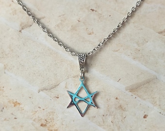 Stainless Steel Metal Unicursal Hexagram Pendant Necklace With a