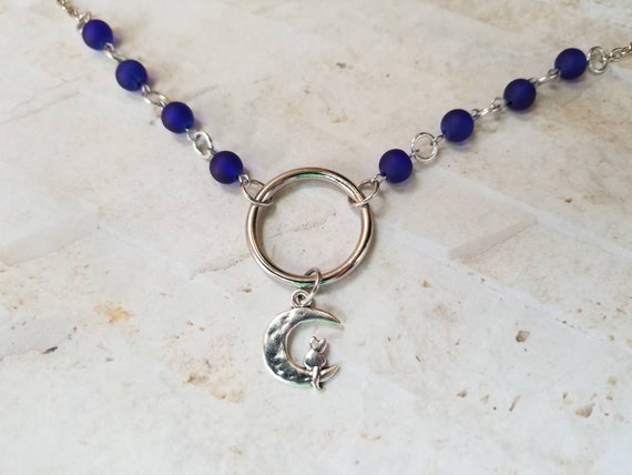 O ring day collar, cobalt sea glass beads, discreet day collar, symbolic jewelry, BDSM collar, submissive collar, stainless, cat charm
