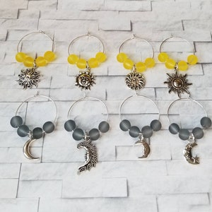 Wine charms x 8, glass markers, wine charms, cup charms, bottle charms, wine glass charms, beverage markers, sun and moon wine charms,
