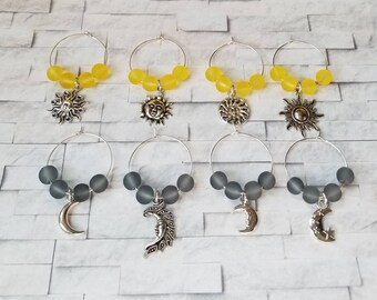 Wine charms x 8, glass markers, wine charms, cup charms, bottle charms, wine glass charms, beverage markers, sun and moon wine charms,