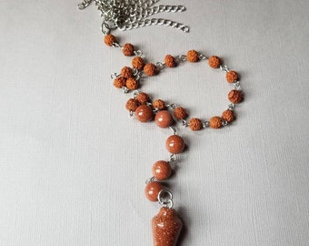 Baha'i prayer beads, 19 and 5 prayer beads, hand-wired, stainless steel, Rudraksha seeds, Goldstone beads and point, handmade chain tassel