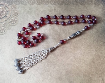 Islamic prayer beads,red sea glass, Tesbih, Tasbih, Misbaha, stainless, handmade tassel, Turkish prayer beads, Chotki, OOAK, hand wired