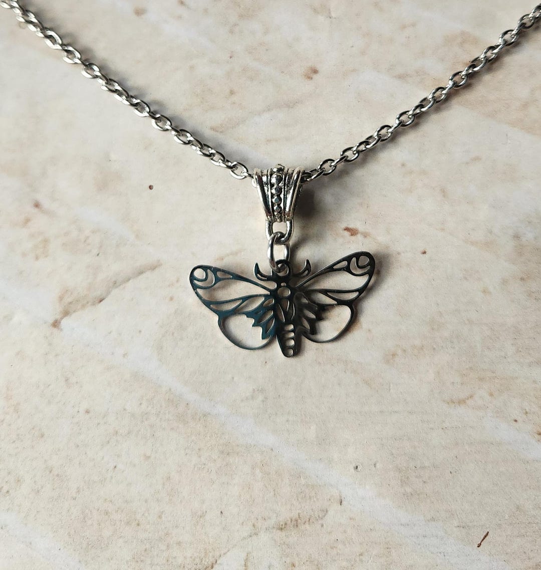 Moth Chain Stainless Steel Metal Moth Pendant Necklace With a Stainless Steel ...