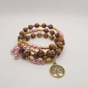 Witches Ladder bracelet, memory wire bracelet, gold tone, Olive wood beads, pink glass pearls, wrap bracelet, beaded witch ladder, Wiccan