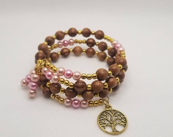 Witches Ladder bracelet, memory wire bracelet, gold tone, Olive wood beads, pink glass pearls, wrap bracelet, beaded witch ladder, Wiccan