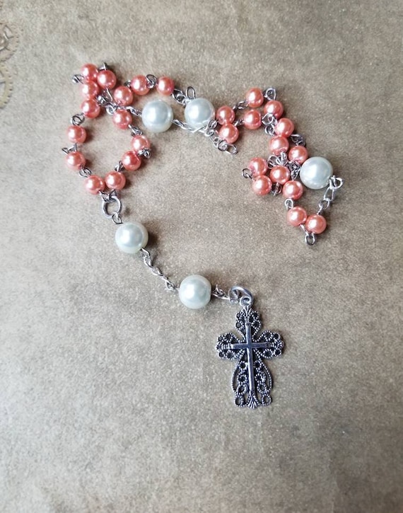 Prayer beads, religious, Anglican, Episcopal, Methodist, Protestant prayer beads, dark peach and white glass pearls, filigree cross