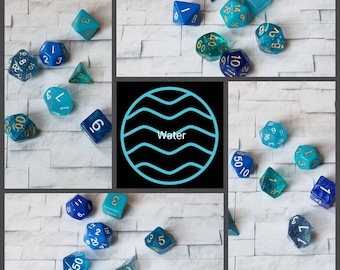 Sets of 7 Water 16mm dnd dice, polyhedral gaming dice, DnD dice set, RPG dice, D and D dice, gaming dice, curated sets, elemental dice set