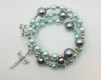 Lutheran rosary bracelet, Lutheran prayer bracelet, memory wire wrap bracelet, prayer aid, silver, blue and gray glass pearls, religious