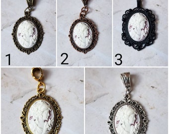 Woman with bird cameo pendant, Victorian woman cameo necklace, plum and white cameo, Cameo jewelry, girl with bird cameo necklace, Victorian
