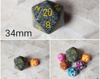 Urban Camo 34mm Jumbo d20, black and gray speckled with yellow numbers, giant dnd dice, 34mm d20 dice, huge dnd dice,  jumbo d20, RPG dice