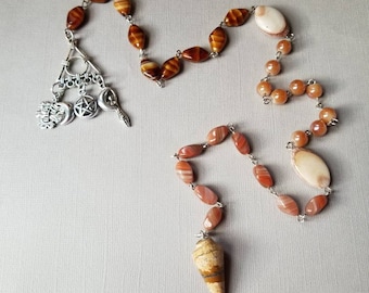 Autumn pagan prayer beads, Witches rosary, Sabbat prayer beads, brown glass, Picture Jasper pendulum, Goddess prayer beads, hand-wired, OOAK