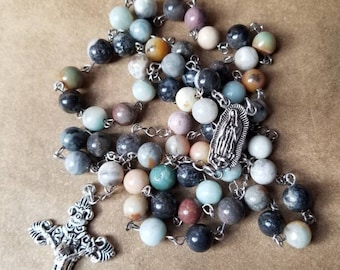 Catholic Rosary, mixed gemstone, five decade rosary, Our Lady of Guadalupe center, silver toned metal crucifix, religious, Catholic