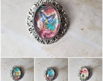 Butterfly brooch, butterfly pin, flower brooch, flower pin, butterfly jewelry, silver toned bezel, photo behind glass, butterfly pendant