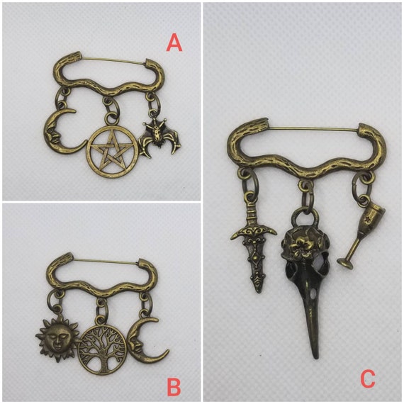 Goth brooch pin, Pagan jewelry, three charm pin, Spooky jewelry, Goddess pin, Raven skull pin, cosplay jewelry, Goth jewelry, bronze pin