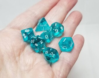 Translucent teal 10mm Mini Dnd dice, polyhedral gaming dice, DnD dice set, RPG dice, D and D dice, set of 7 DnD dice, 10mm dice