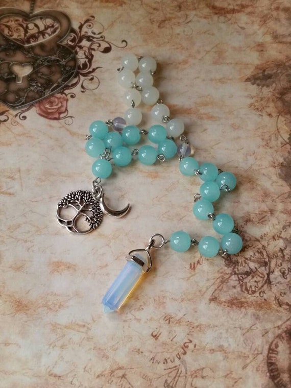 Pagan prayer beads, Winter prayer beads, stainless steel, Ice and snow prayer beads, Malay jade beads, Opalite pendulum, tree of life charm