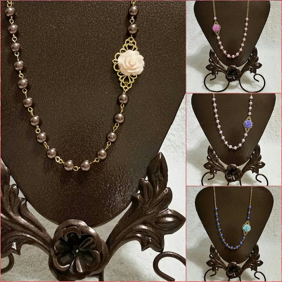 Asymmetrical necklace, gold tone, glass pearls, flowers and pearls, pearl necklace, romantic necklace, gift for her, Mother's day gift