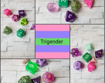 Trigender flag 16mm dnd dice, hand chosen, curated set of polyhedral gaming dice, DnD dice set, RPG dice, LGBTQ dice, Gray ace dice