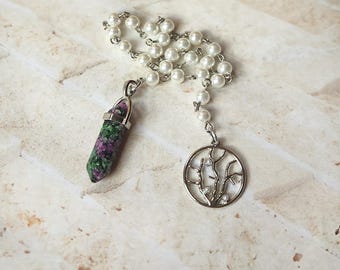 Beaded pendulum, divination, dowsing pendulum, gemstone pendulum, stainless steel, hand-wired, white glass pearls, metal charm