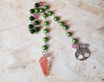 Yule prayer beads, pagan prayer beads, witch prayer beads, stainless steel pins, gemstone pendulum, Malay Jade, glass pearls, tree of life