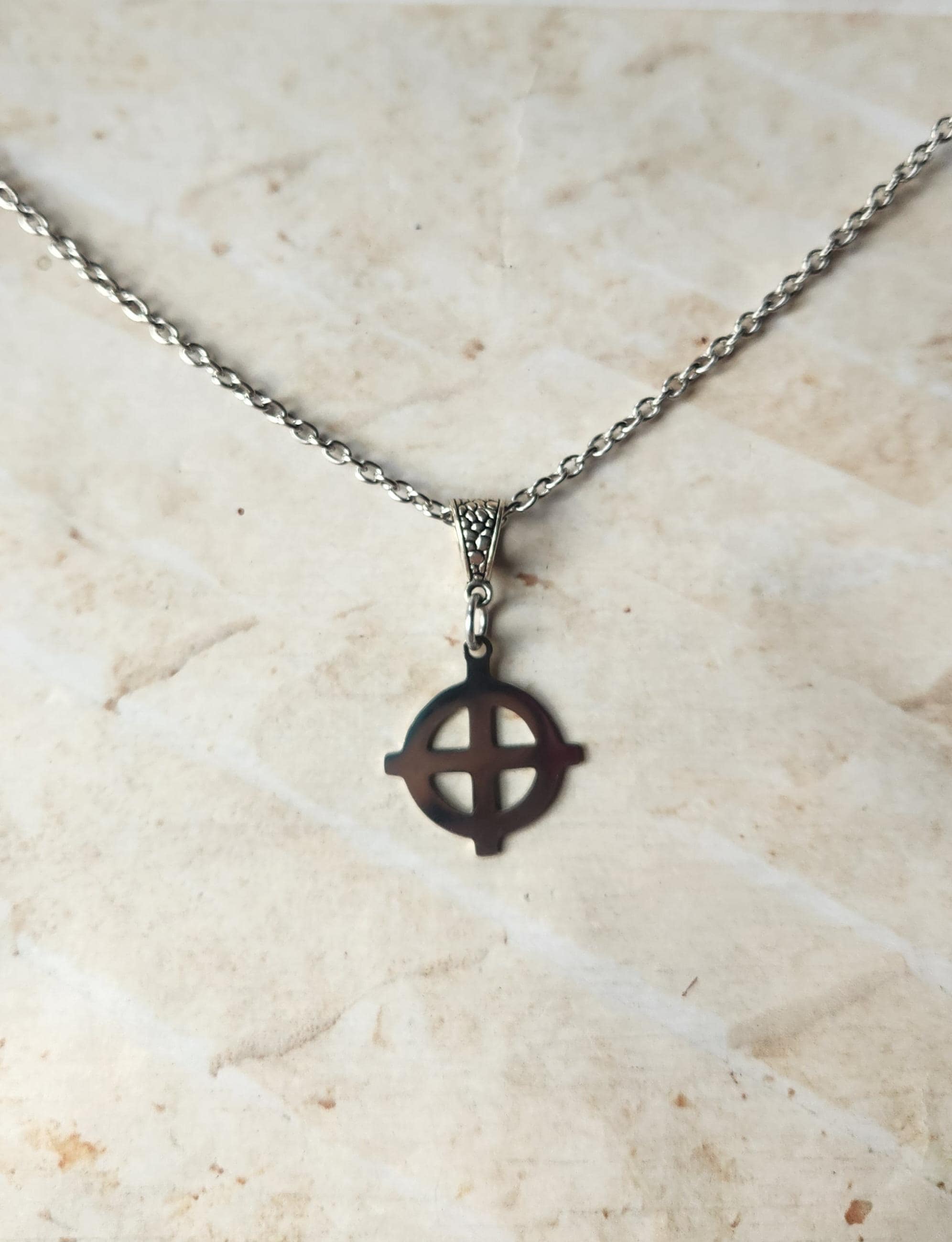Stainless Steel Metal Solar Cross Pendant Necklace With a