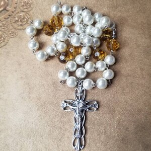 Lutheran prayer beads, Lutheran rosary, ivory glass pearls, amber faceted glass, Italian-made crucifix, silver-toned, large Lutheran rosary