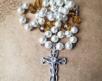 Lutheran prayer beads, Lutheran rosary, ivory glass pearls, amber faceted glass, Italian-made crucifix, silver-toned, large Lutheran rosary