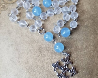 Anglican prayer beads, Episcopal, Protestant prayer beads, Methodist rosary, stainless steel, clear frosted sea glass, blue Malay Jade