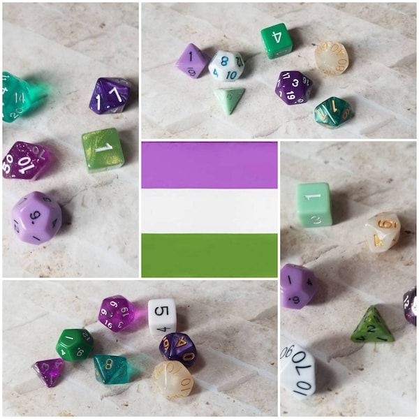 Genderqueer flag 16mm dnd dice, hand chosen, curated set of polyhedral gaming dice, DnD dice set, RPG dice, set of 7 DnD dice, LGBTQ dice