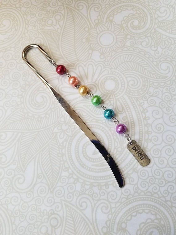 Rainbow bookmark, LGBT pride bookmark, awareness bookmark, rainbow glass pearls, pride charm, Shepherd's hook, pride bookmark, rainbow pride