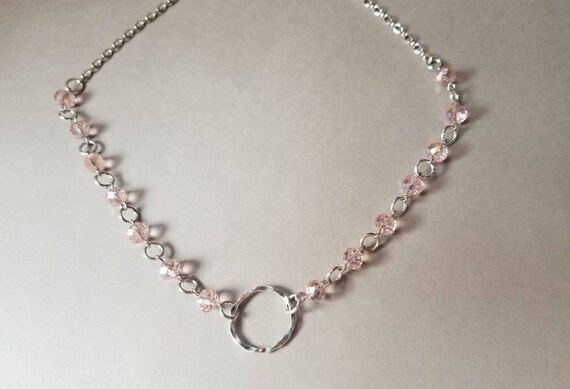 Kitten day collar, discreet day collar, pink faceted Czech glass beads, BDSM collar, hammered O ring necklace, stainless steel, gift idea
