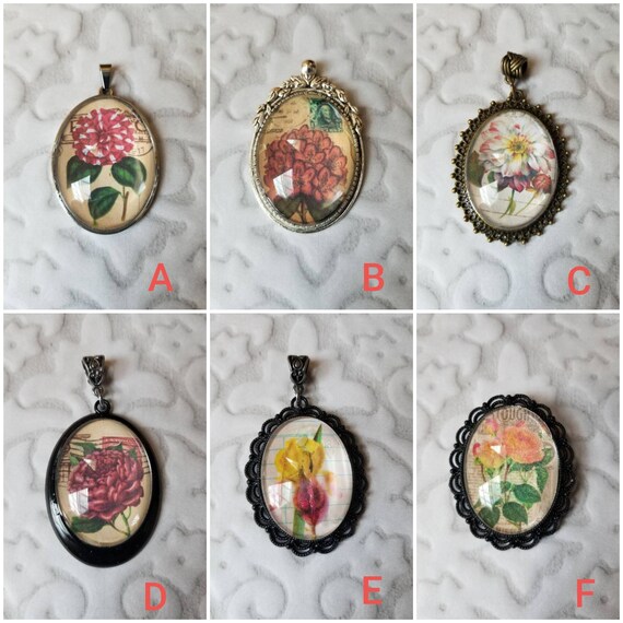 Flower pendant, photo behind glass, floral pendants, glass cabochons, assorted photo jewelry, vintage look photo jewelry, old photos, brooch
