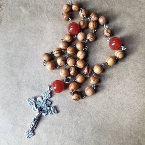 Orthodox Chotki, Orthodox prayer beads, silver tone, Olive wood, Carnelian beads, detailed crucifix, hand-wired, OOAK, Komboskini