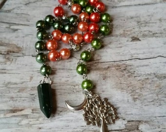 Beltane prayer beads, pagan prayer beads, witches prayer beads, stainless steel, glass pearls, Green gemstone  pendulum, crescent moon charm