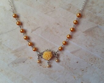 Pagan circlet, pagan necklace, pagan jewelry, wear as headpiece or necklace, ritual headpiece, stainless, yellow rose, golden glass pearls