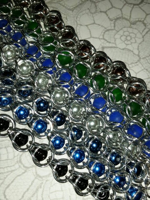 Captive bead bracelet, captured pearl jewelry, chain maille bracelet, silver, glass pearls, captured beads, neutral colors, sea glass, OOAK