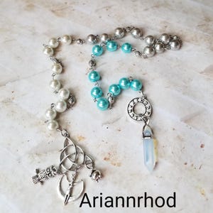Arrianrhod prayer beads, Goddess prayer beads, hand-wired, beautiful beads, silver-toned charms, Goddess, Celtic, pagan, witch